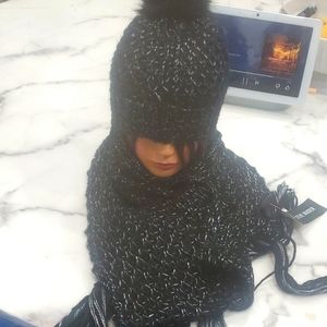 Knit hat and scarf set with pom pom